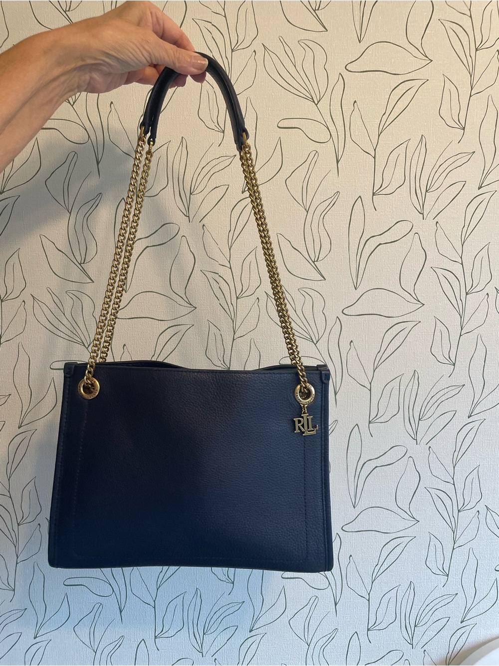 Lauren Ralph Lauren Navy Pebble Leather Chain- Leather Handle RLL Metal Logo
